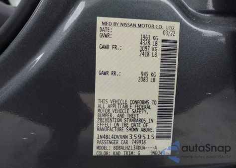 2022 Nissan Altima Sv Fwd from USA, damaged, VIN 1N4BL4DVXNN359515